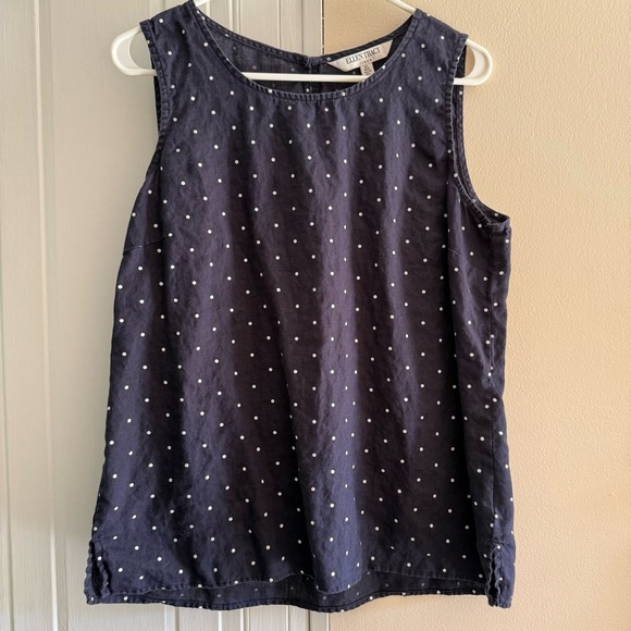Ellen Tracy Women's Top Blouse Sleeveless Large Navy Blue Polka Dot 100% Linen - Picture 1 of 7